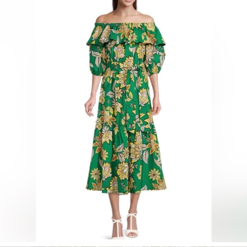 Gibson Latimer Green Floral Off-Shoulder Midi Dress
